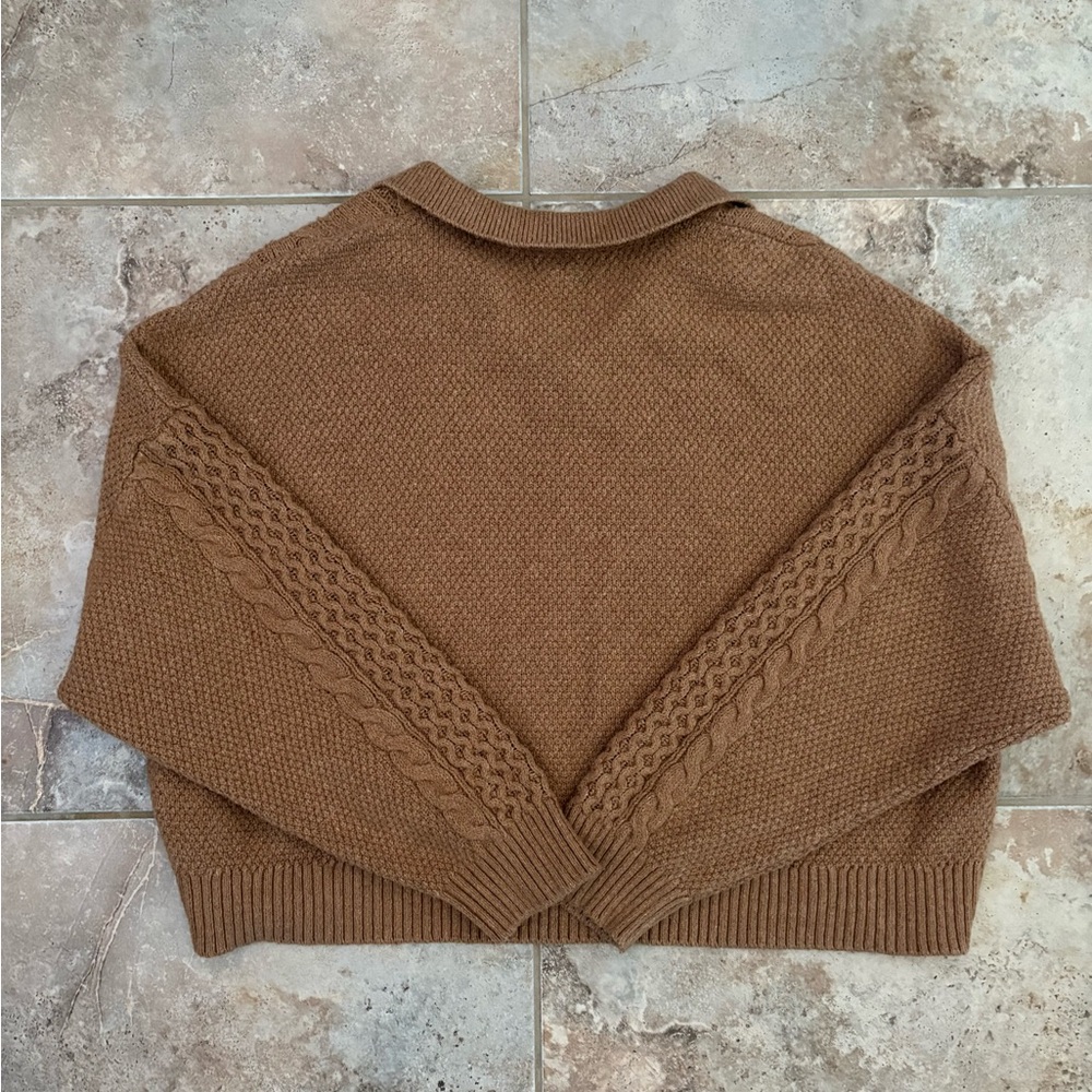 American Eagle Tan Cropped Sweater Cable Knit Cozy Soft Collared Women’s XXL - Picture 6 of 11